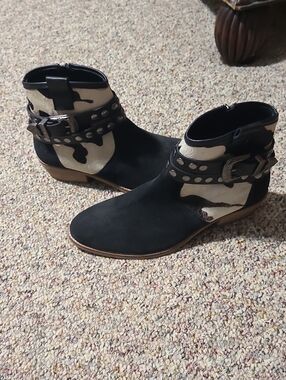 Studded Buckle Ankle Boots in Black and Cream